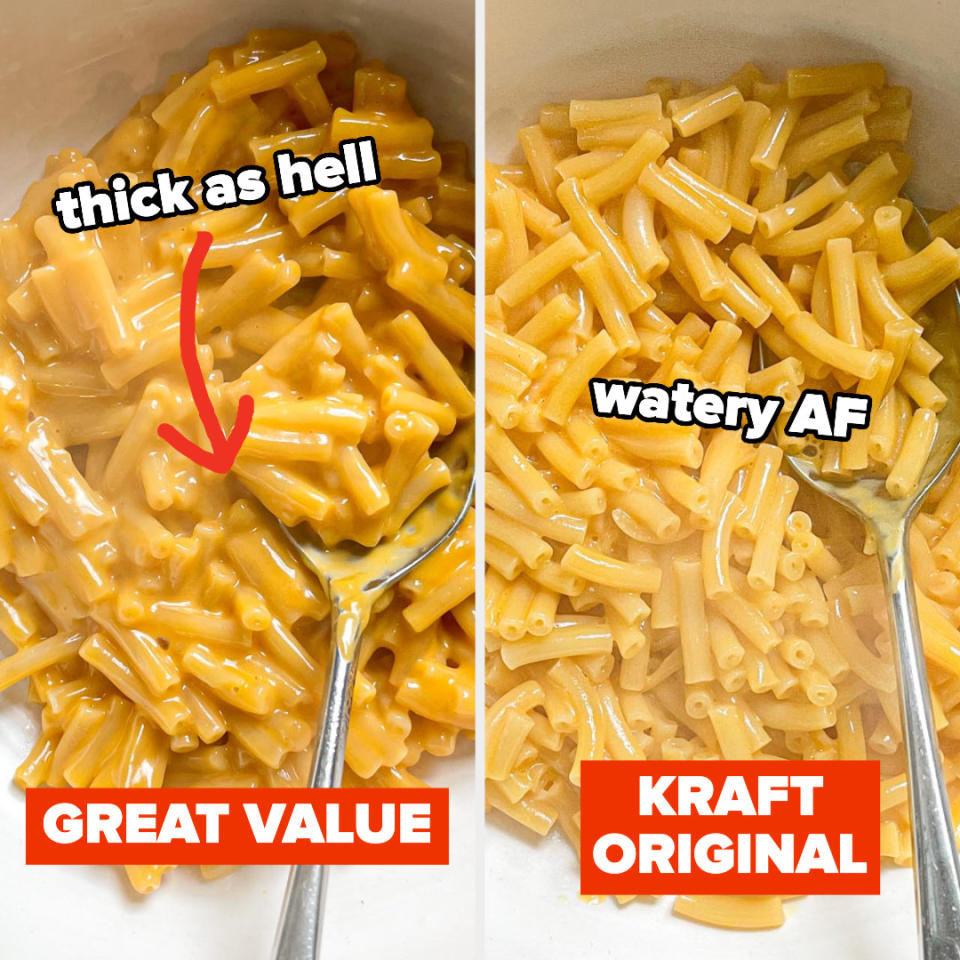 Walmart's mac on the left, and Kraft on the right; the left is "thick as hell," and right is "watery AF"