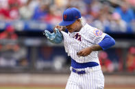 New York Mets starting pitcher Marcus Stroman walks to the dugout after being pulled during the sixth inning of a baseball game against the Cincinnati Reds, Sunday, Aug. 1, 2021, in New York. (AP Photo/Corey Sipkin)