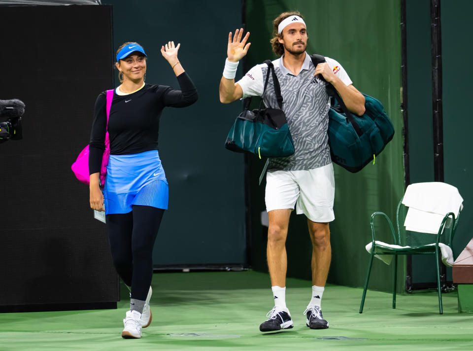 INDIAN WELLS, CALIFORNIA - MARCH 05: Stefano Tsitsipas (R) of Greece and Paula Badosa of Spain during the Eisenhower Cup on Day 3 of the BNP Paribas Open at Indian Wells Tennis Garden on March 05, 2024 in Indian Wells, California. (Photo by Robert Prange/Getty Images)