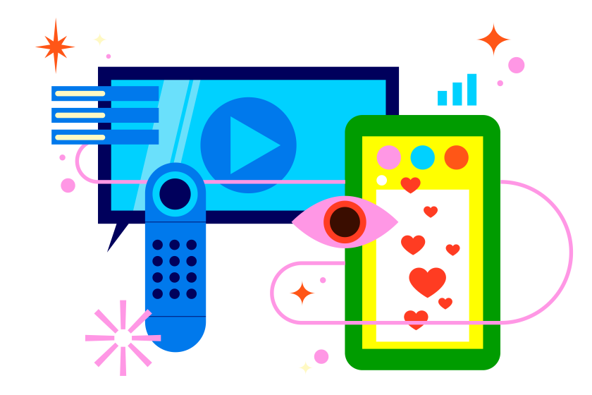 Illustration showing television screen, remote control, an eye, a phone with social media app and live stream reactions