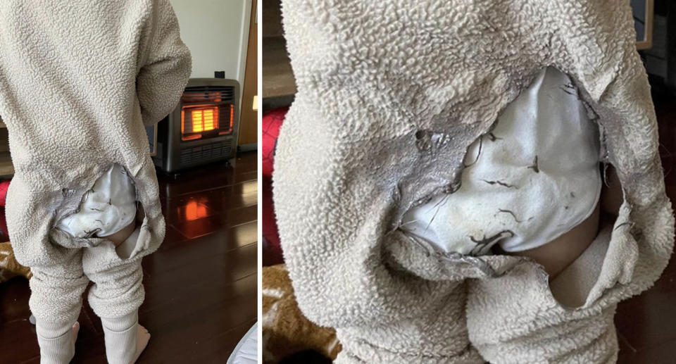 The back of a toddler in his onesie (left) and a close up (right) sparked a warning from firies.