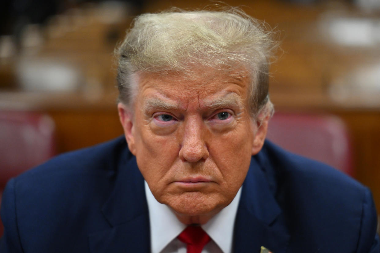 Former President Donald Trump attends the first day of his hush money trial at Manhattan Criminal Court on Monday. (Angela Weiss/Pool via Getty Images)