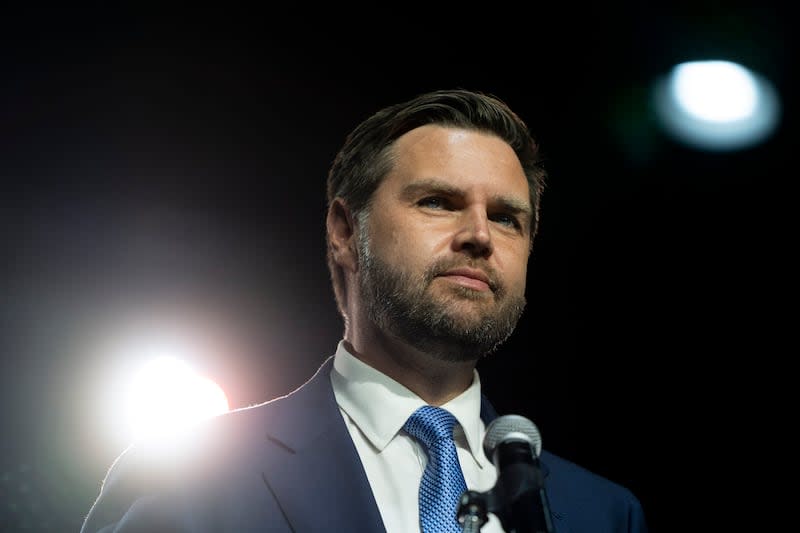 Republican vice presidential candidate Sen. JD Vance, R-Ohio, pauses for a moment while speaking at a campaign event in Reno, Nev., Tuesday, July 30, 2024. | Jae C. Hong