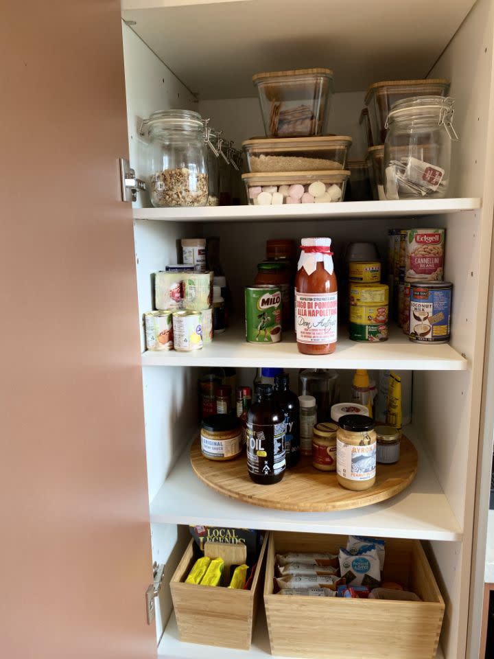 Shelley uses the IKEA Lazy Susan for all her sauces in the pantry. Photo: Supplied