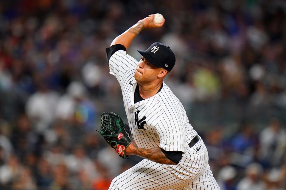 New York Yankees' Frankie Montas pitches during the third inning of a baseball game against the New York Mets Tuesday, Aug. 23, 2022, in New York. (AP Photo/Frank Franklin II)