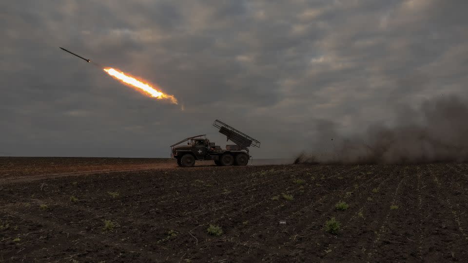 Ukrainian forces launch a rocket toward Russian positions in the Kharkiv region, on May 15, 2024. - Roman Pilipey/AFP/Getty Images