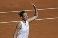 Czech Republic's Karolina Pliskova greets the spectators after winning her semi-final match against Croatia's Petra Martic at the Italian Open tennis tournament, in Rome, Saturday, May 15, 2021. (AP Photo/Gregorio Borgia)