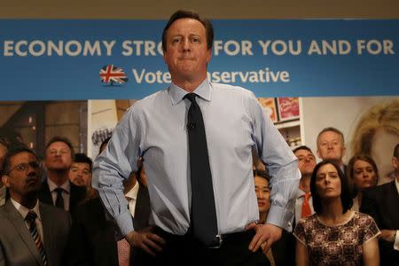 Britiain's Prime Minister David Cameron, gives a speech during an election campaign visit to the Institute of Chartered Accountants in London, England, on April 27, 2015. REUTERS/Adrian Dennis/Pool