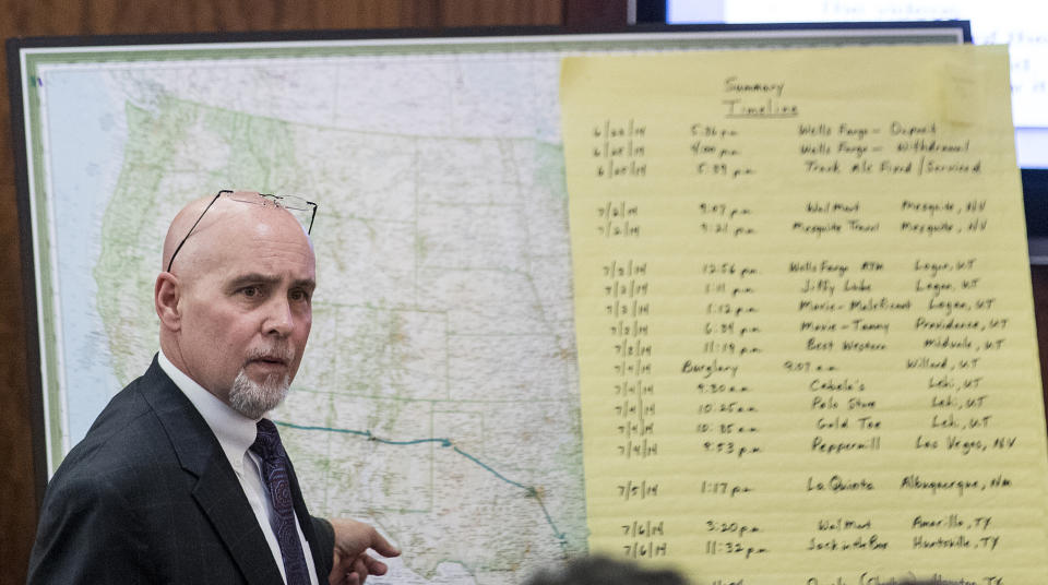 Defense attorney Neal Davis III presents his closing argument in Ronald Haskell's capital murder trial, Wednesday, Sept. 25, 2019, in Houston. Haskell is on trial for the 2014 shooting of six members of his ex-wife's family in suburban Houston. (Brett Coomer/Houston Chronicle via AP)