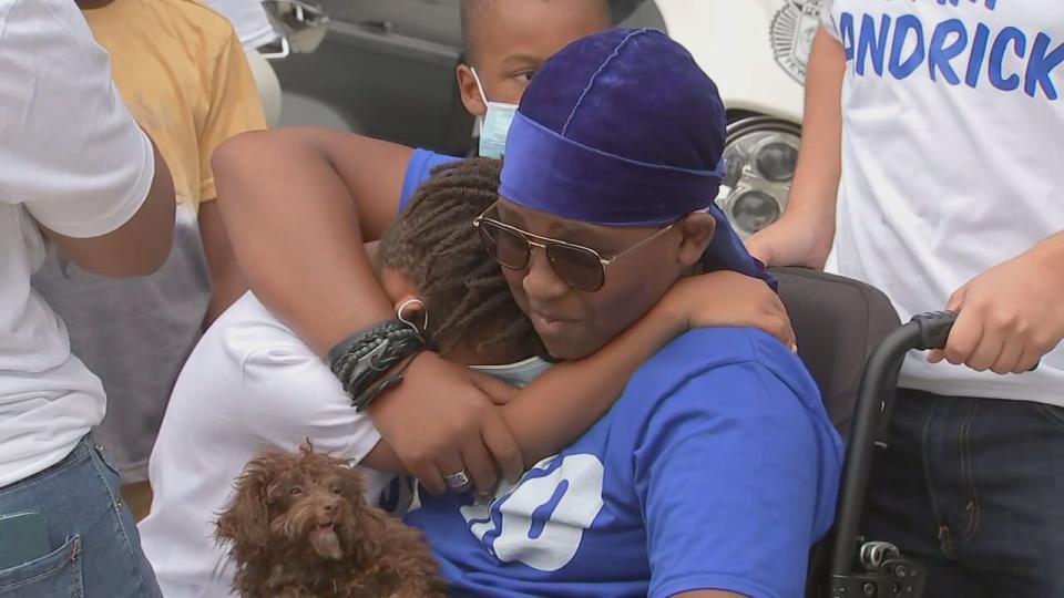 Sandrick Jorcelin is surrounded by family as he left the hospital