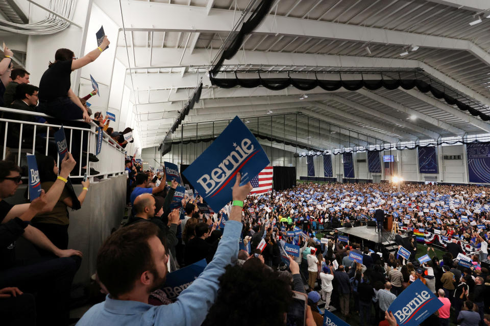 Democratic 2020 U.S. presidential candidate Senator Bernie Sanders rallies with supporters in Springfield, Virginia, U.S. February 29, 2020. REUTERS/Jonathan Ernst