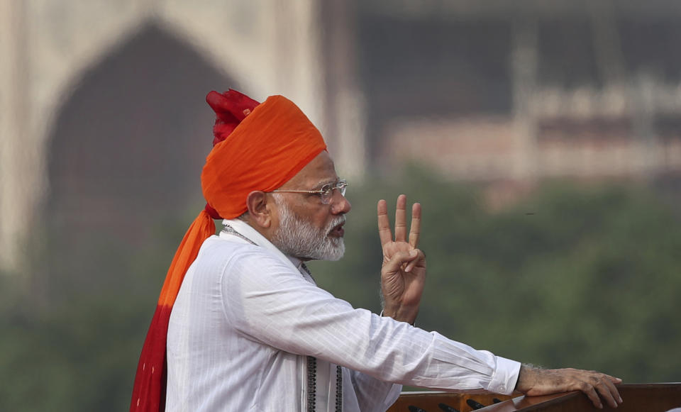 Indian Prime Minister Narendra Modi addresses to the nation on the country's Independence Day from the ramparts of the historical Red Fort in New Delhi, India, Wednesday, Aug. 15, 2018. India won independence from British colonialists in 1947. (AP Photo/Manish Swarup)