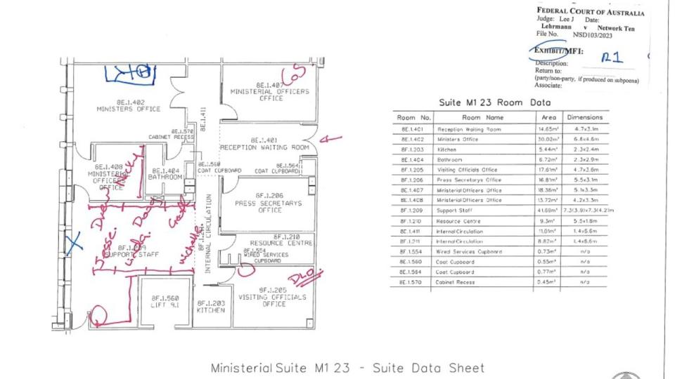 Assignment Freelance Picture A map of Senator Linda Reynolds' office with the markings of Brittany\n Higgins of where she said she went that night. Picture: Supplied.