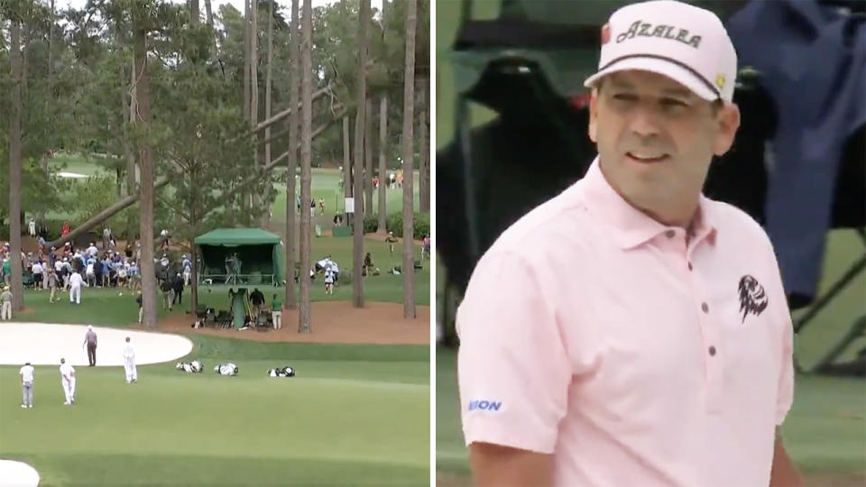 Trees fall near Masters spectators on the left, leaving Sergio Garcia in disbelief on the right.
