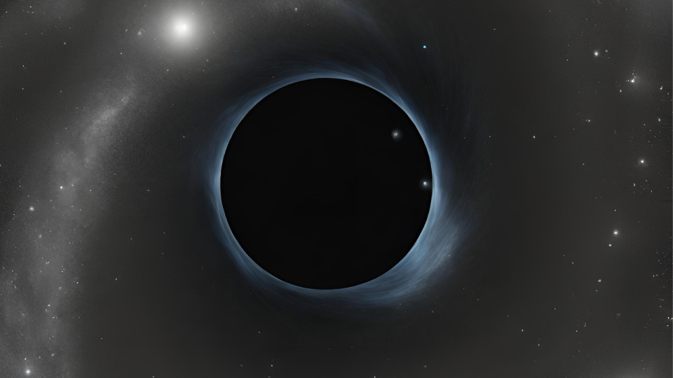  A black circle with a blue outline against a black background with white specks. 