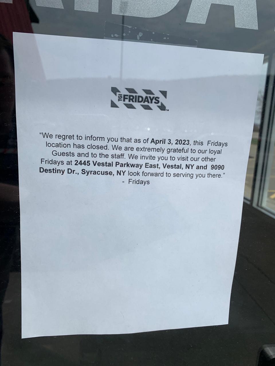 A note on the door of the TGI Fridays location at 830 County Road 64, Elmira