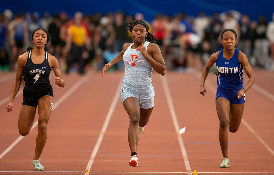 Sianni Wynn of Pennsauken wins the Group 3 Girls 55 meter race. State Winter Track Championships held at the Bennett Center in Toms River.   Toms River, NJSaturday, February 18, 2023