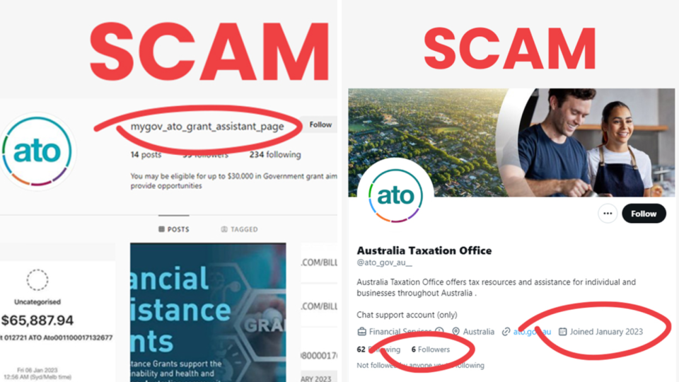 A composite image of two ATO scam social media profiles.