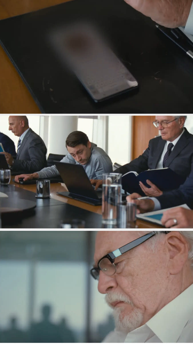 screenshot of blurred phone screen, Brian Cox, Kieran Culkin from season 3 episode 8 "Chiantishire" of Succession