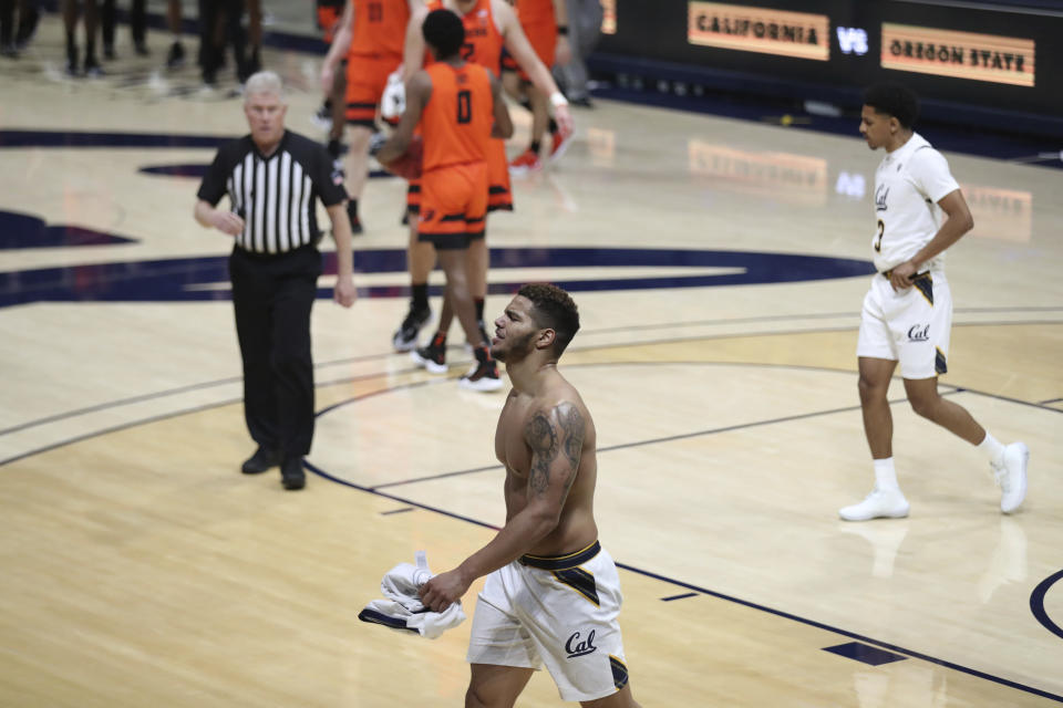 California forward Matt Bradley walks off the court after the team's loss to Oregon State in an NCAA college basketball game in Berkeley, Calif., Thursday, Feb. 25, 2021. (AP Photo/Jed Jacobsohn)