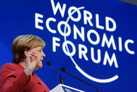 German Chancellor Angela Merkel speaks during the World Economic Forum (WEF) annual meeting in Davos, Switzerland, January 23, 2019. REUTERS/Arnd Wiegmann