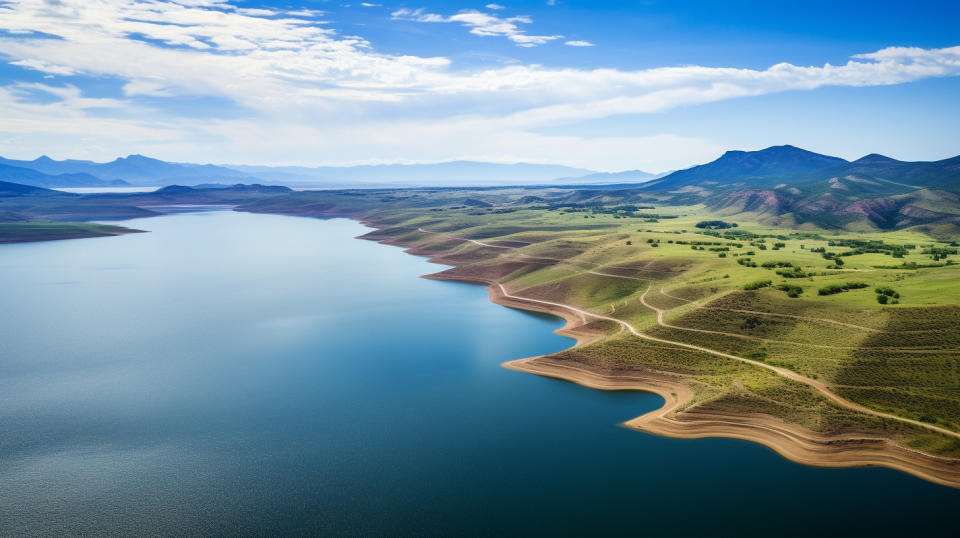 An aerial view of an expansive reservoir and surrounding landscape supplying the utility's water.