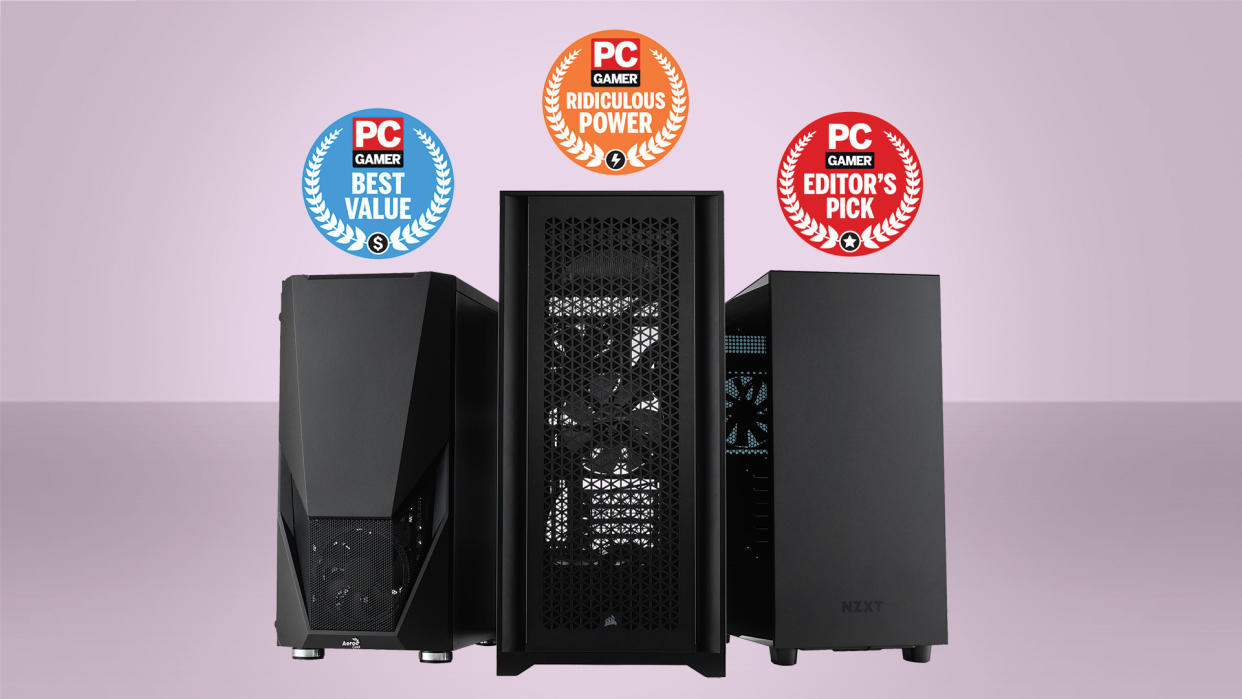  Best gaming PC build guide header with three PC chassis on a purple background with PC Gamer badges. 