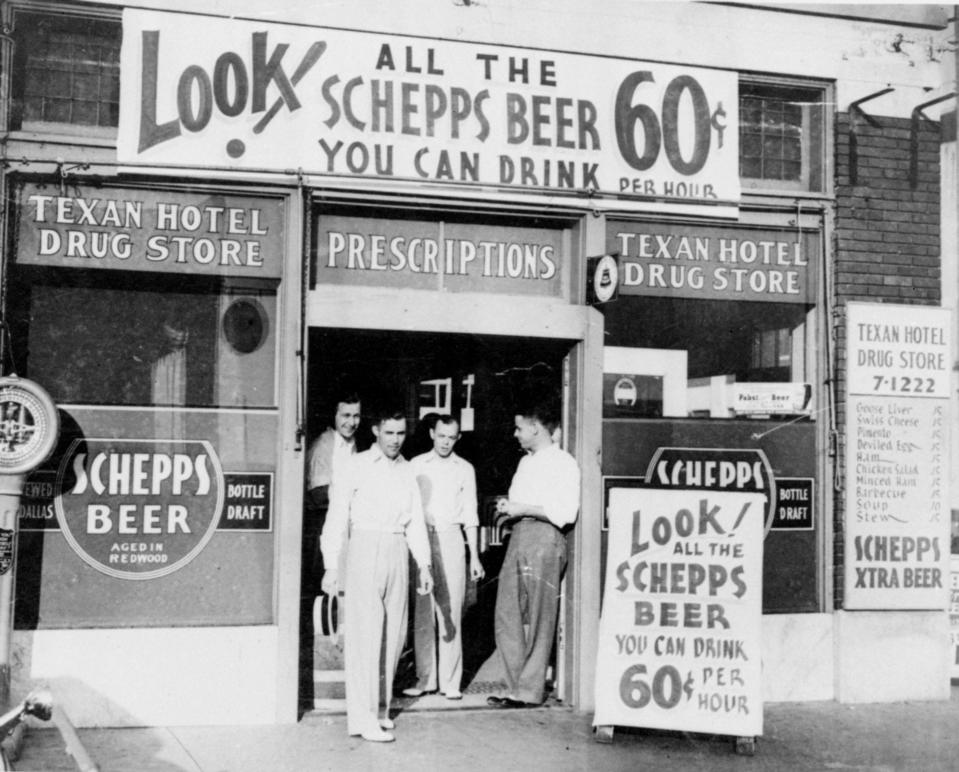 Shown on July 29, 1935, a Dallas beer parlor offered “all the beer you can drink” for 60 cents an hour. (AP Photo)