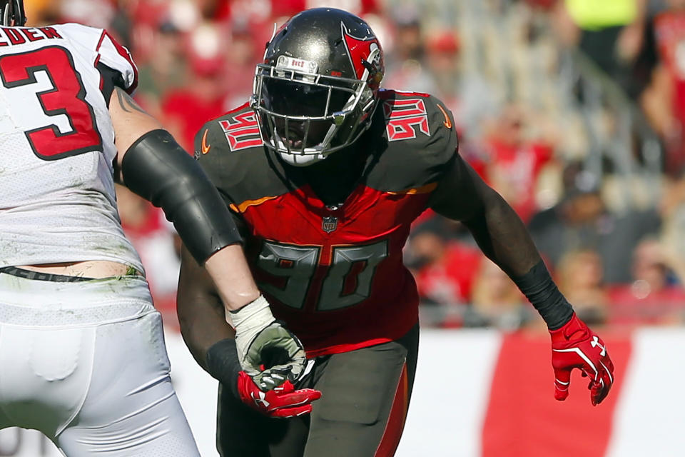 TAMPA, FL - DEC 30: Jason Pierre-Paul (90) of the Bucs rushes the passer during the regular season game between the Atlanta Falcons and the Tampa Bay Buccaneers on December 30, 2018 at Raymond James Stadium in Tampa, Florida. (Photo by Cliff Welch/Icon Sportswire via Getty Images)