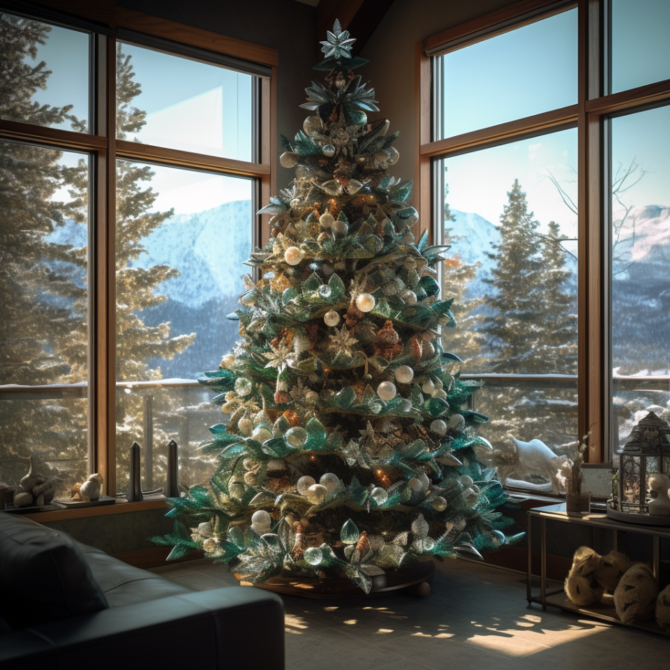 A tall Christmas tree in the corner of a room with floor-to-ceiling windows that's covered in simple ornaments with a star on top