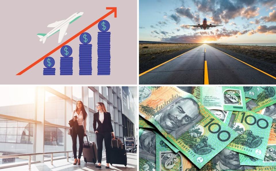 Compilation image of stock image of plane pile of cash, a plane taking off, two women in an airport walking with luggage and a pile of A$100 notes