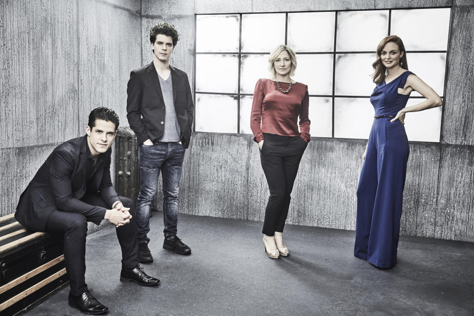 Edie Falco, Gus Halper, Miles Gaston Villanueva and Heather Graham, the stars of the new "Law &amp;&nbsp;Order True Crime: Menendez Brothers" show. (Photo: NBC via Getty Images)