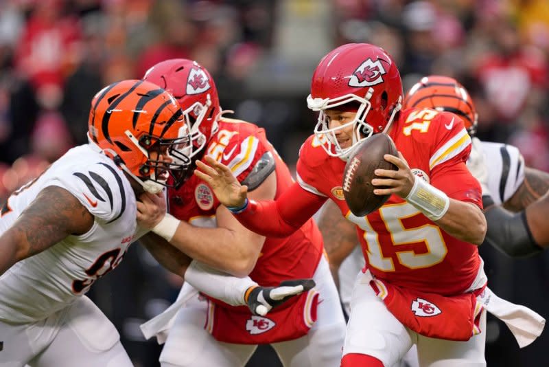 Quarterback Patrick Mahomes led the Kansas City Chiefs to wins in his last two meetings with the Cincinnati Bengals. File Photo by Jon Robichaud/UPI