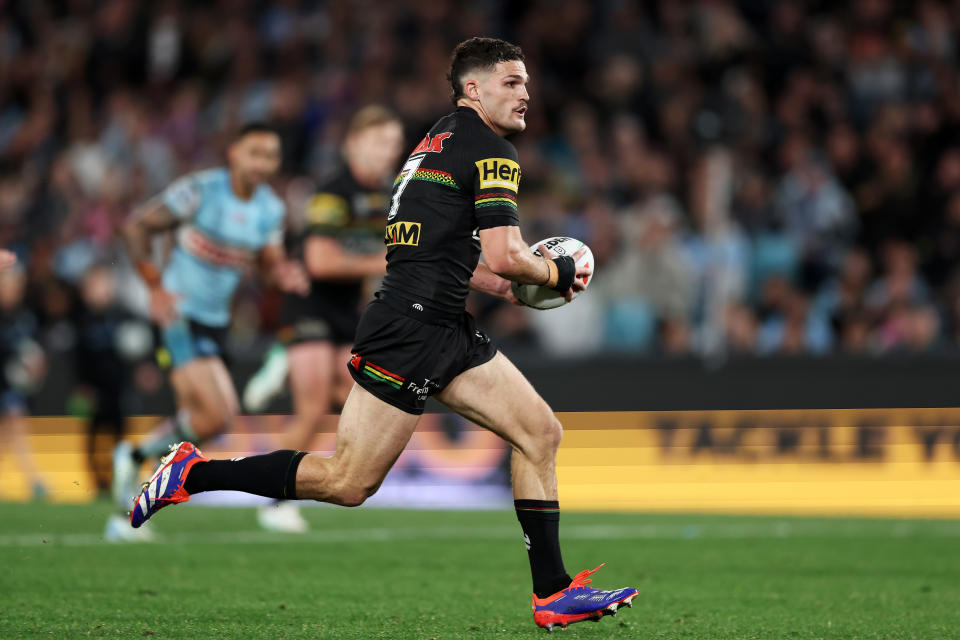 SYDNEY, AUSTRALIA - SEPTEMBER 28: Nathan Cleary of the Panthers makes a break during the NRL Preliminary Final match between the Penrith Panthers and the Cronulla Sharks at Accor Stadium on September 28, 2024 in Sydney, Australia. (Photo by Matt King/Getty Images)