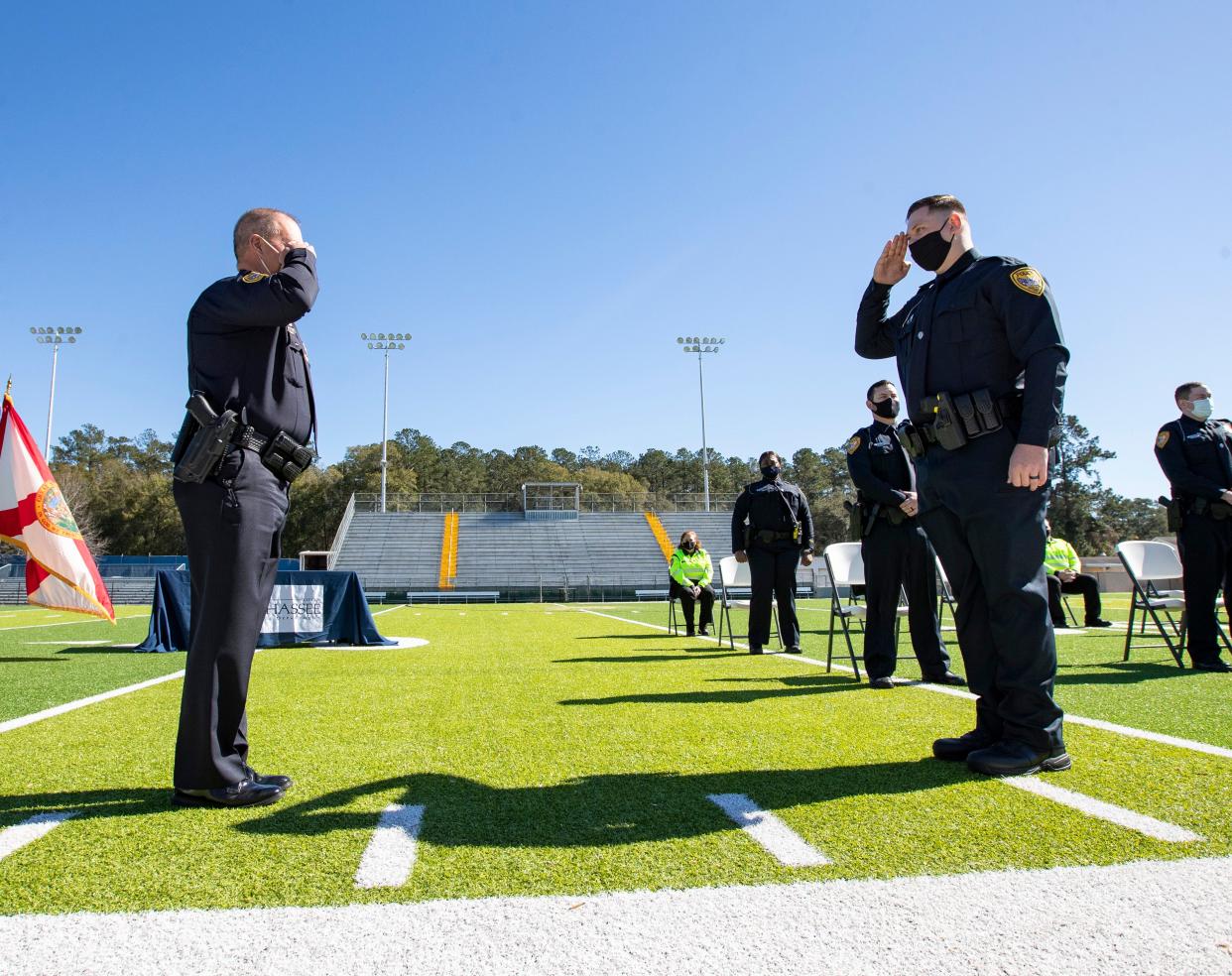 Eight officers were sworn in with the Tallahassee Police Department during a ceremony at Gene Cox Stadium Friday, Jan. 29, 2021.