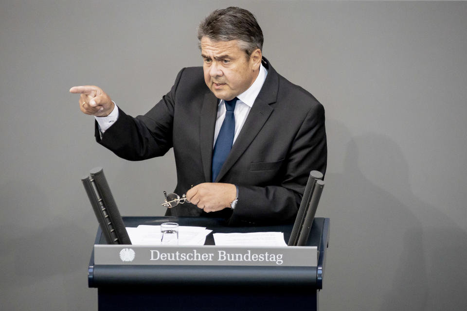 27 June 2019, Berlin: Sigmar Gabriel (SPD), member of the German Bundestag, speaks in the plenum of the Bundestag at a current hour about measures against hatred and right-wing extremist violence. On the agenda are, among other things, the reform of the property tax, the change of the citizenship law, a current hour on measures against hatred and right-wing extremist violence and the investigative committee of the Treuhandanstalt. Photo: Christoph Soeder/dpa (Photo by Christoph Soeder/picture alliance via Getty Images)