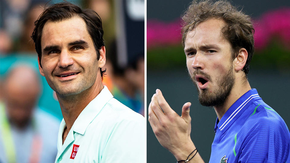 Roger Federer smiles on court and Daniil Medvedev reacting at Indian Wells.