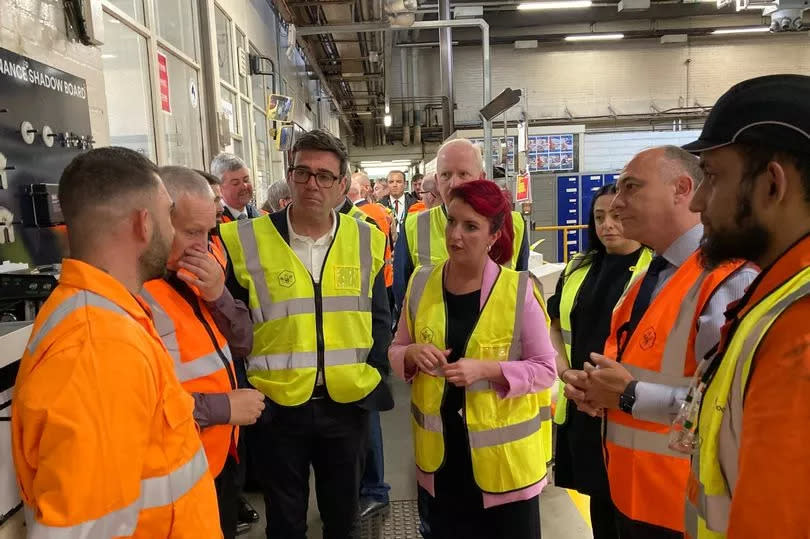 Transport minister Louise Haigh meets GM mayor Andy Burnham in Oldham bus depot to learn more about the Bee Network