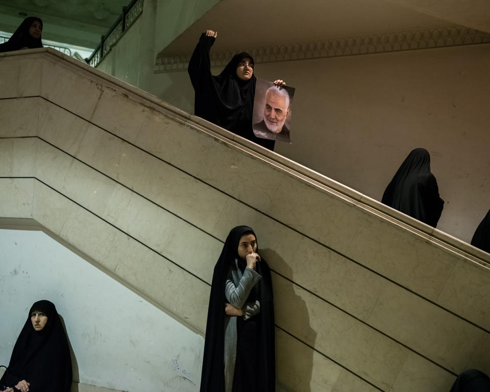 Iranian women at a mosque in Tehran, on Jan. 5, <a href="https://time.com/longform/qasem-soleimani-tehran-iran-photos/" rel="nofollow noopener" target="_blank" data-ylk="slk:mourn;elm:context_link;itc:0;sec:content-canvas" class="link ">mourn</a> Qasem Soleimani's death.<span class="copyright">Newsha Tavakolian—Magnum Photos for TIME</span>
