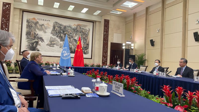 FILE PHOTO: UN High Commissioner for Human Rights Michelle Bachelet meets Wang Yi in Guangzhou