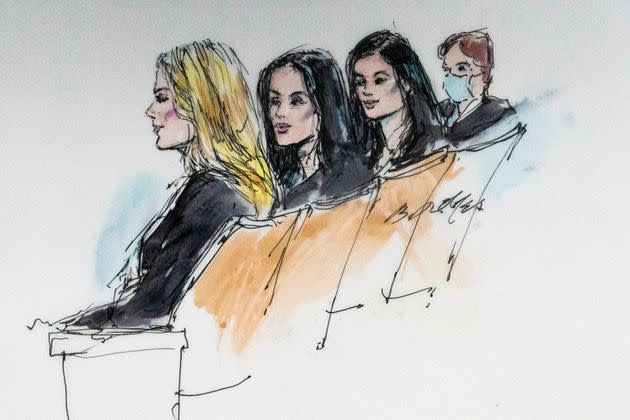 In this courtroom artist sketch, Khloe Kardashian, from left, Kim Kardashian, Kylie Jenner and Kris Jenner sit in court in Los Angeles on April 19. (Photo: via Associated Press)