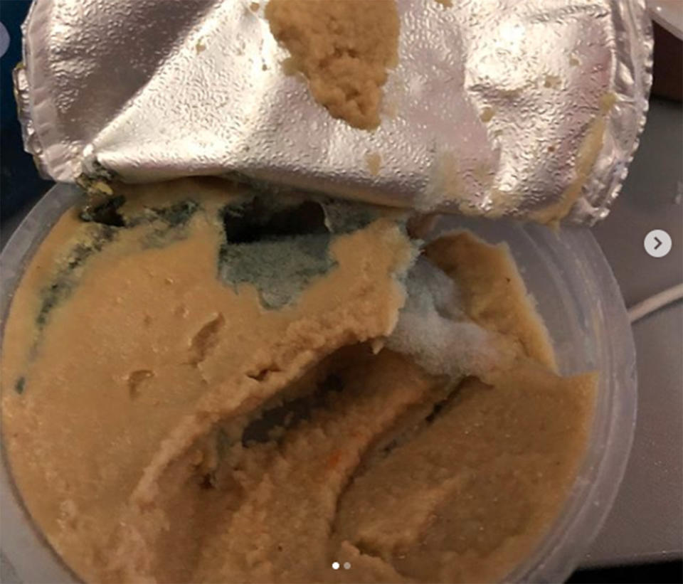 The hommus as part of the tapas snack on United Airlines that Jamie Lunde found full of mould after she had already eaten some.