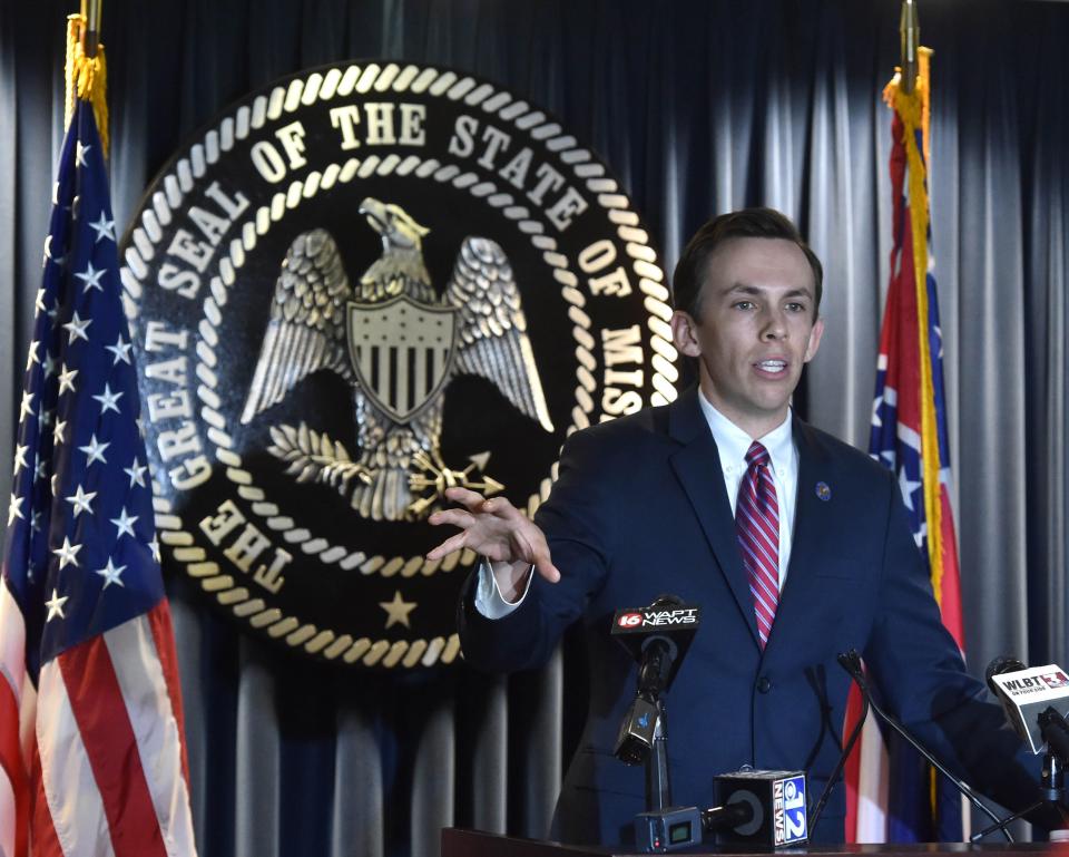 Mississippi State Auditor Shad White speaks at a press conference in the Walter Sillers Building in downtown Jackson on May 4, 2020. White will soon release a report from Boston Consulting Group that aims to identify at least $250 million of fat to trim from state government.