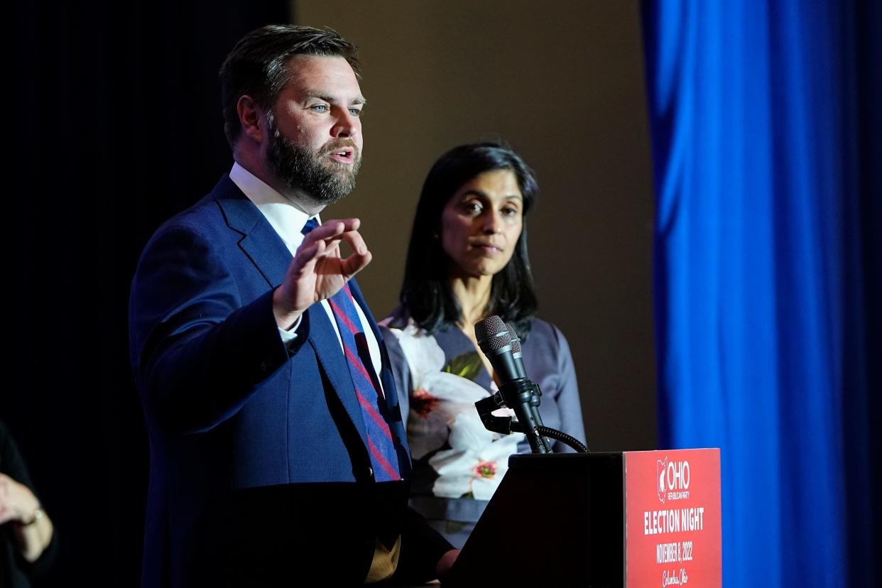 Nov 8, 2022; Columbus, Ohio, USA;  J.D. Vance gives his victory speech during an election night party for Republican candidates for statewide offices at the Renaissance Hotel in downtown Columbus. Mandatory Credit: Adam Cairns-The Columbus Dispatch