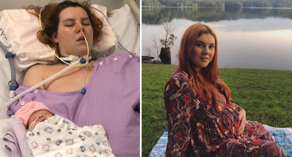 Caitlin Stubbs shown unconscious in Queensland hospital with newborn baby Quinn and prior to brain bleed.