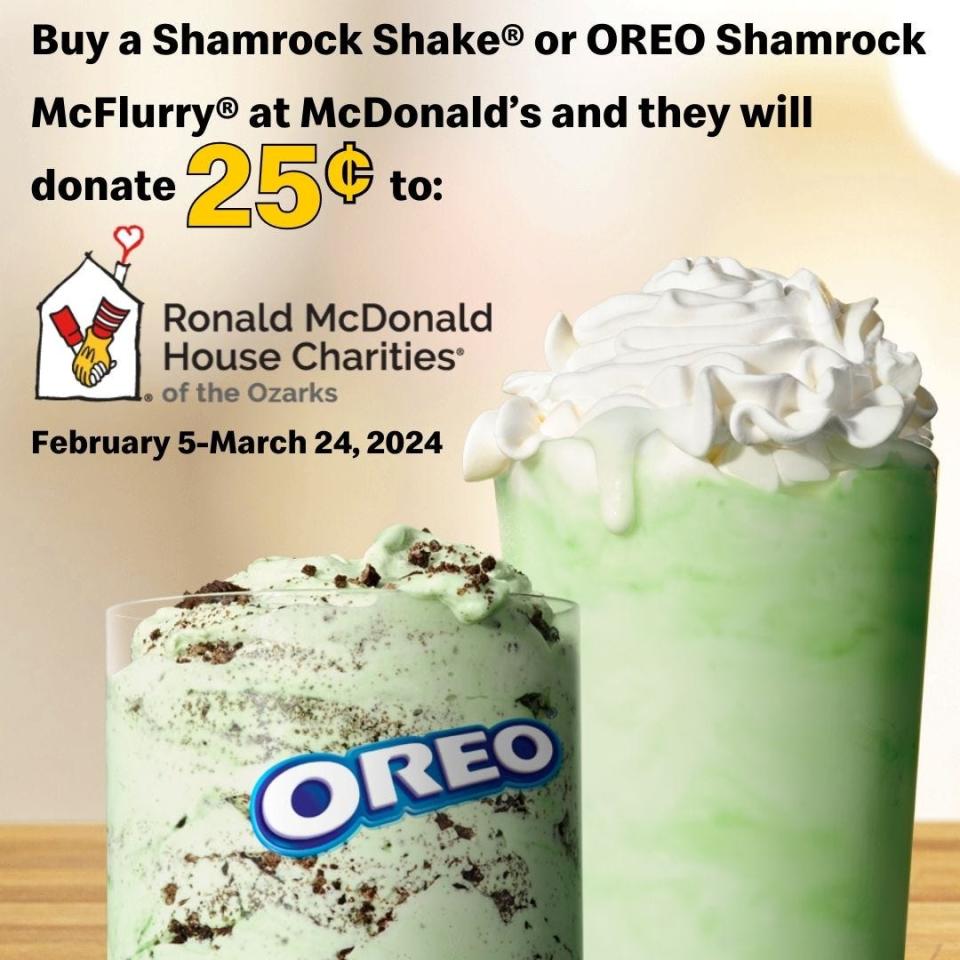 McDonald's will donate 25 cents to Ronald McDonald House Charities for each purchase of a Shamrock Shake or Oreo Shamrock McFlurry.