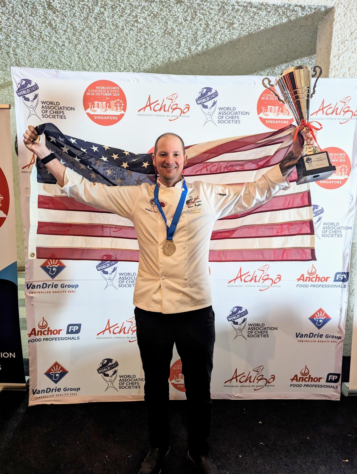 Chris Bugher, executive chef instructor at A-B Tech Community College, won the gold medal and trophy and the title of Global Vegan Chef of the Americas in the Worldchefs Global Chefs Challenge Regional Semi-Final in Santiago, Chile in South America