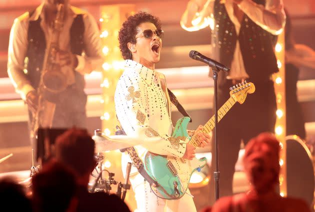 Bruno Mars performs on stage at the 2022 Annual Grammy Awards, held at the MGM Grand Garden Arena in Las Vegas.  MGM denied rumors that the singer owed a significant debt to the hotel giant.