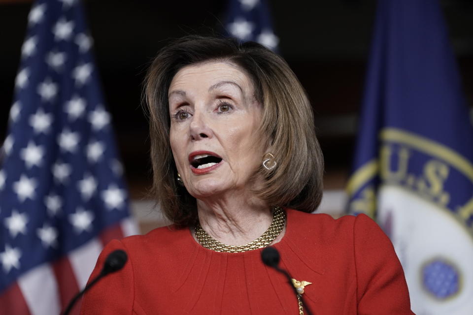 House Speaker Nancy Pelosi, D-Calif., meets with reporters at the Capitol in Washington, Thursday, Dec. 19, 2019, on the day after the House of Representatives voted to impeach President Donald Trump on two charges, abuse of power and obstruction of Congress. (AP Photo/J. Scott Applewhite)