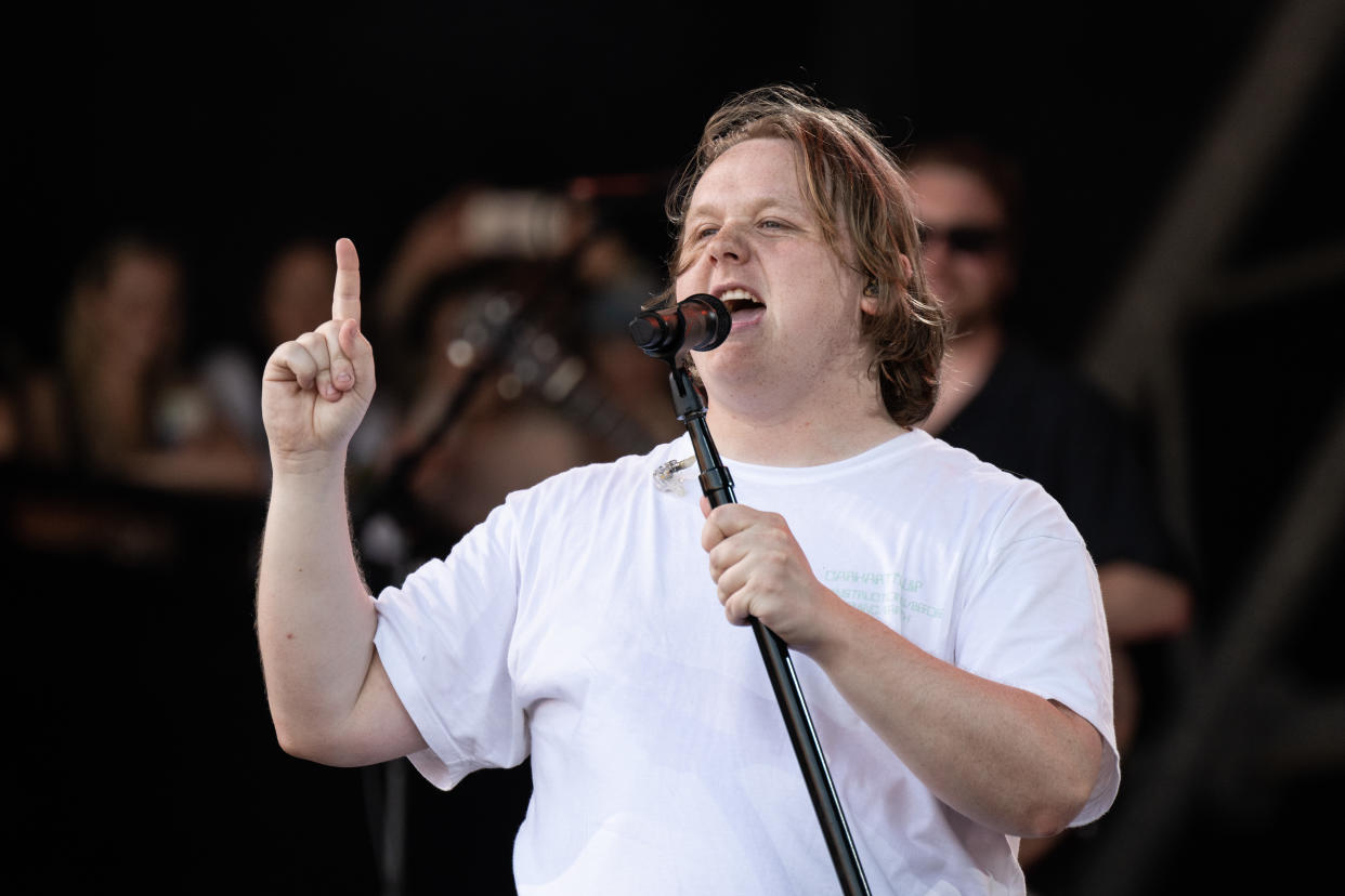 GLASTONBURY, ENGLAND - JUNE 24: Lewis Capaldi performs on The Pyramid Stage at Day 4 of Glastonbury Festival 2023 on June 24, 2023 in Glastonbury, England. (Photo by Harry Durrant/Getty Images)